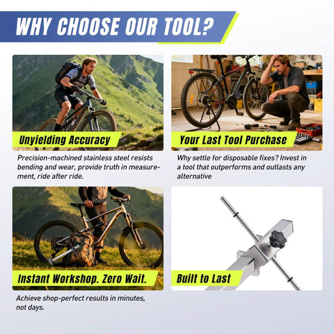 Collage showing a cyclist with bike, a mechanic using a tool, mountain bikes, and a Derailleur Alignment Tool And Hanger Gauge.