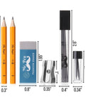 Pencils, eraser, sharpener, lead refills from Pro Grade Geometry Set 15 Piece Drafting Kit With Protractor, Compass, Metal Ruler, Triangles, Pencils, Pens, Lead Refills And Sharpener In Durable Case For Students, Architects, And Engineers.