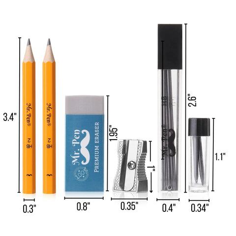 Pencils, eraser, sharpener, lead refills from Pro Grade Geometry Set 15 Piece Drafting Kit With Protractor, Compass, Metal Ruler, Triangles, Pencils, Pens, Lead Refills And Sharpener In Durable Case For Students, Architects, And Engineers.