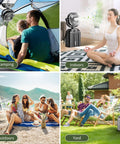 Various uses of Rechargeable 9 Inch Misting Fan With Auto Swivel For Outdoor Chill in camping, indoors, outdoors, and yard settings.
