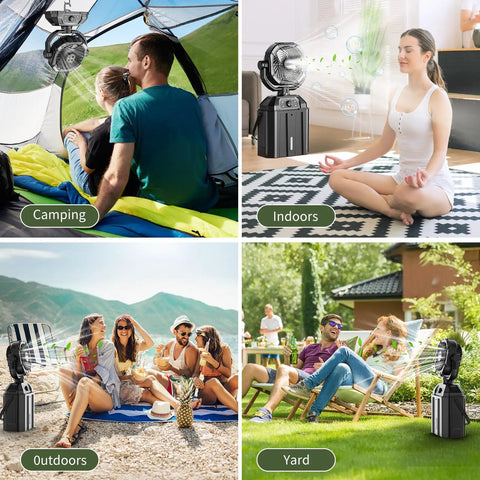 Various uses of Rechargeable 9 Inch Misting Fan With Auto Swivel For Outdoor Chill in camping, indoors, outdoors, and yard settings.