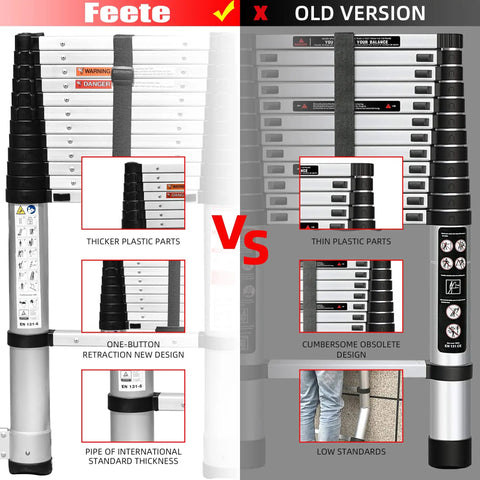 Comparison of Twelve Point Five Foot One Button Retraction Telescoping Ladder with old version features.
