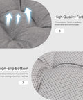 Close-up of grey Ultra Comfy Memory Foam Chair Cushions set of 4, showing high quality fabric and non-slip bottom for indoor outdoor use.