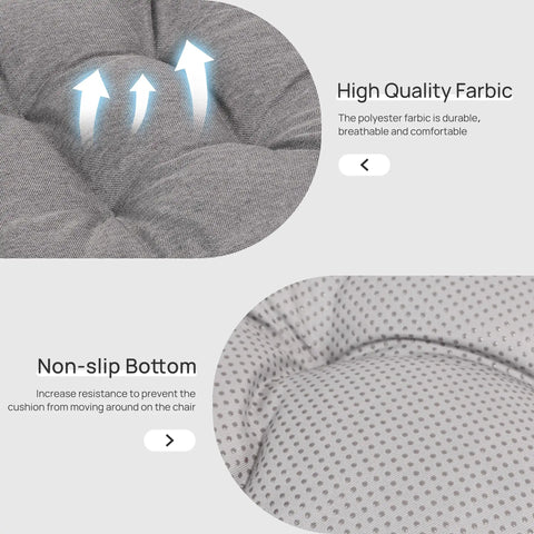 Close-up of grey Ultra Comfy Memory Foam Chair Cushions set of 4, showing high quality fabric and non-slip bottom for indoor outdoor use.