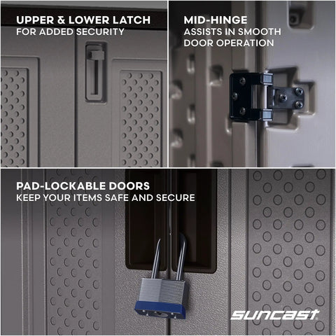 Close-up of lockable doors and latch details of 72 Inch Tall Resin Garage Organization Storage Cabinet Freestanding Utility Closet With Shelving For Garden Supplies Paint Cans And Outdoor Tools Lockable Platinum Finish Built Tough And Rust Resistant