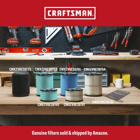 Assorted vacuum filters on a workbench with tools visible in background, compatible with 16 Gallon 6.5 Peak HP Wet Dry Shop Vacuum With Built In Blower