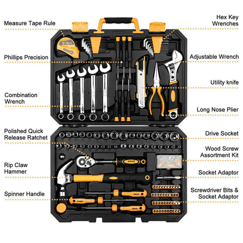 158 Piece General Purpose Tool Set For Home And Auto Repair With Durable Plastic Toolbox featuring sockets, pliers, wrenches