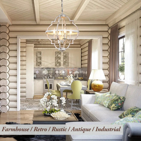Living room showcasing 4 Light Farmhouse Candle Chandelier With Dope Open Orb Frame In Rustic White Finish over dining table.