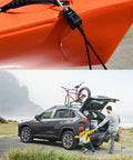 Two Pack Kayak Rope Tie Downs 3/8 Inch Heavy Duty Bow And Stern Straps securing orange kayak on vehicle with family loading gear