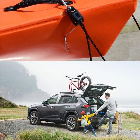 Two Pack Kayak Rope Tie Downs 3/8 Inch Heavy Duty Bow And Stern Straps securing orange kayak on vehicle with family loading gear