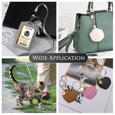 Collage showcasing 50 Piece Keychain Making Kit With Lobster Claw Clasps And Key Rings used in various applications.
