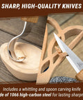 Wood Spoon Carving Kit For Beginners Diy04 With Sloyd Knife And Hook Knife demonstrating sharpness on basswood