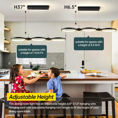 Dimmable 54W LED Chandelier With Remote Control over kitchen island with adjustable height for dining table use