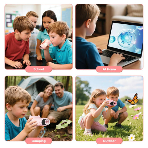 Children using 1000X Handheld Digital Microscope for Kids with 2 Inch IPS Screen, Kid Friendly STEM Toy in school, home, and outdoor.