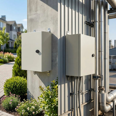Heavy Duty Workhorse 16X12X8 Electrical Enclosure Box Nema 4 IP66 installed on wall next to pipes in outdoor setting.