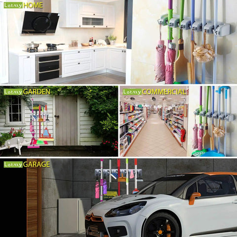 Wall Mounted Broom And Mop Holder With Six Hooks And Five Position Tool Organizer Rack For Home Kitchen Garage And Garden Built Tough Heavy Duty ABS Construction Keeps Wet Mops And Rakes Secure installed in various locations