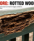 Before using Heavy Duty Wood Repair Kit with Penetrating Epoxy Resin and Wood Filler, image of rotted wood damage.