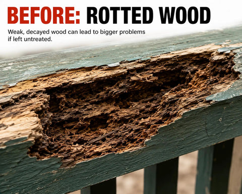 Before using Heavy Duty Wood Repair Kit with Penetrating Epoxy Resin and Wood Filler, image of rotted wood damage.