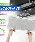 Image showing hands holding a microwave grease filter replacement for over the stove vent fan, size 5.78 x 12.91 inch, aluminum mesh screen, fitting W10208631A, compatible with microwaves, freshens and filters kitchen air, with installation and protection instructions.