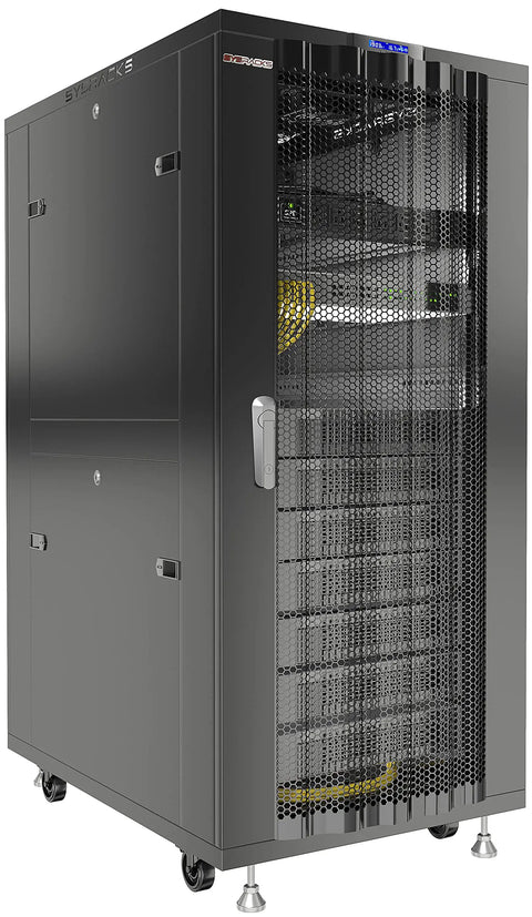Built Different 37U Server Rack Cabinet 39 Inch Deep Locking Network Enclosure with LCD display and rolling casters.