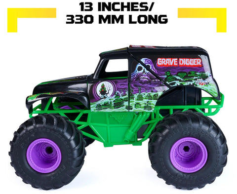 Grave Digger 1 15 Scale Remote Control Monster Truck with durable body and soft rubber tires, 13 inches long