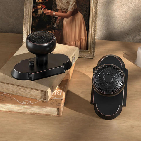 Antique Privacy Door Knob With Push Button Lock For Bedroom And Bathroom, shown with vintage zinc alloy design in oil rubbed bronze.