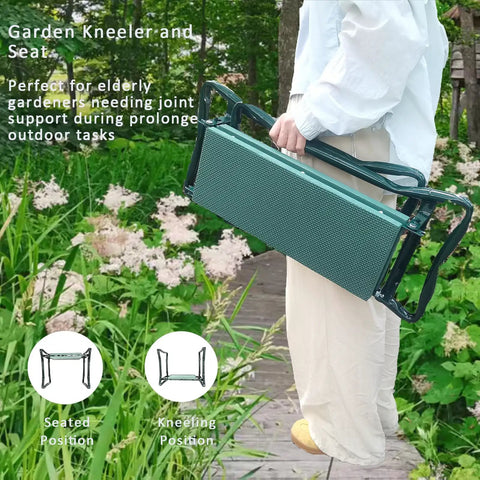 Person holding Built Tough Garden Kneeler And Seat Foldable Stool with tool pouch and storage bag on grassy path.