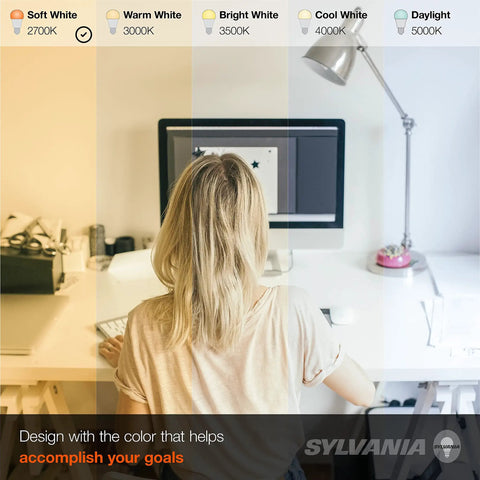 Woman at desk under different lighting with A19 LED Light Bulbs 100W Equivalent 16W Dimmable Frosted Medium Base Soft White 2700K 1600 Lumens Energy Efficient Long Lasting 4 Pack Home Lighting Great Value For Any Room Ambience.