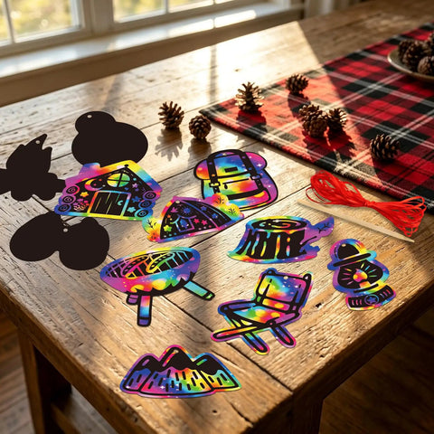 Camping Scratch Card Kit 24 Pack For Outdoor Parties displaying 12 unique rainbow designs with wooden sticks and red string on a table.