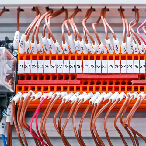Multi Section Terminal Block Label Strips 10 Pack For DIN Rail Blocks Like UK2.5B UK5N UDK4 UKK5 Marker Bars For 5-10 AWG Conductors Easy Fit And Separate Labels 2.4 Inch Long Clear Readability on labeled terminal blocks