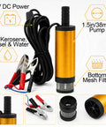 No Fuss 12V Submersible Transfer Pump For Water Diesel Oil With Built In Filter, yellow body, 1.5in pump, and alligator clips.