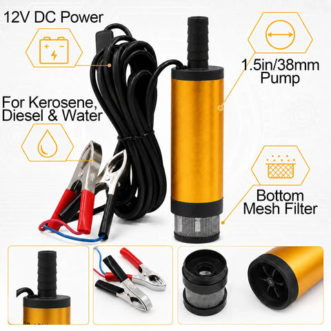 No Fuss 12V Submersible Transfer Pump For Water Diesel Oil With Built In Filter, yellow body, 1.5in pump, and alligator clips.