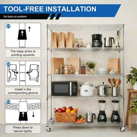 Beefy 5 Tier Wire Shelving Unit With Brake Wheels And Waterproof Colorful Shelf Liners holding kitchen items, installation guide