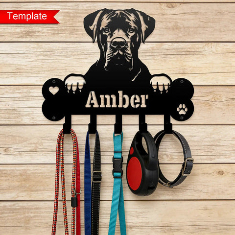 Custom Name Boxer Wall Mount Leash Holder With Bone Plaque And Hooks, Key And Leash Organizer, Dog Room Decor