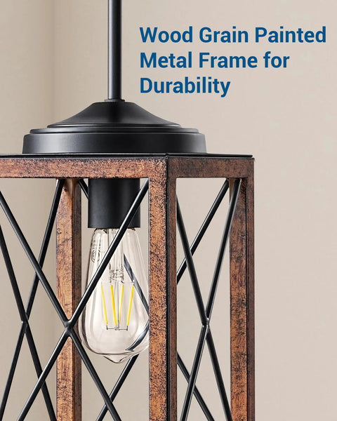 Farmhouse Pendant Light With Metal Frame And Wood Grain Finish, Farmhouse Vibe, close-up of metal frame and bulb.