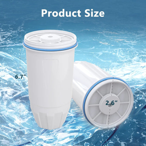 Pack Of 4 Water Filter Replacements For Zero Pitcher And Dispenser Easy Fit, showing filter dimensions of 6.7 and 2.6 inches.