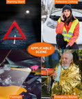 Pink Car Emergency Kit For Women And Teens with triangle warning sign, reflective clothing, flashlight, and emergency blanket.