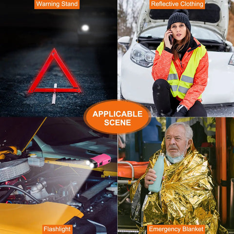 Pink Car Emergency Kit For Women And Teens with triangle warning sign, reflective clothing, flashlight, and emergency blanket.