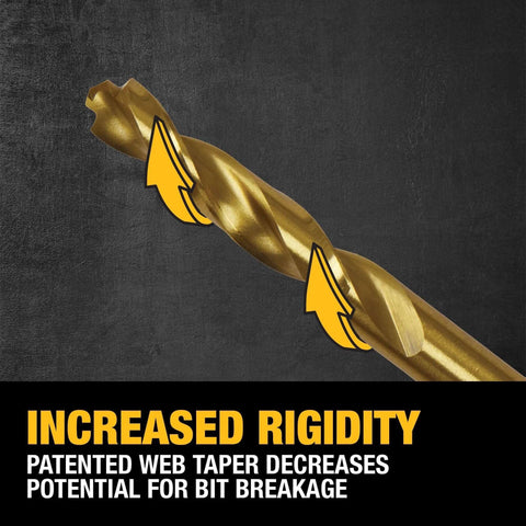 DEWALT titanium nitride coated twist drill bit in gold on a dark background