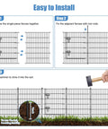 Three-step installation guide for 16 Panel Garden Fence With Gate, Rustproof Metal Fence Panels For Yard, 32 Inches High By 37 Point 8 Feet Long.