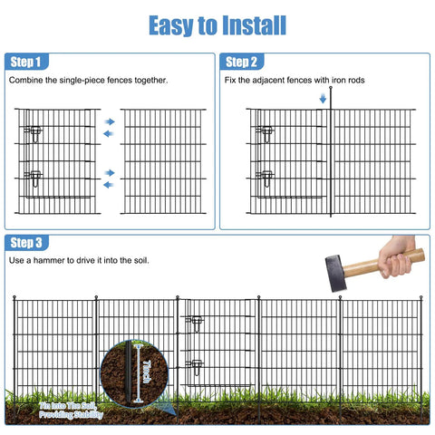 Three-step installation guide for 16 Panel Garden Fence With Gate, Rustproof Metal Fence Panels For Yard, 32 Inches High By 37 Point 8 Feet Long.