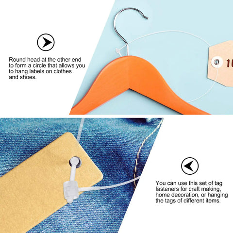 1000 Piece Built Tough Plastic Security Tags Snap Lock Theft Proof Pin Loops For Retail Store Apparel Clothing Bags Belts White 12 Inch Round Head Design on hanger and denim.