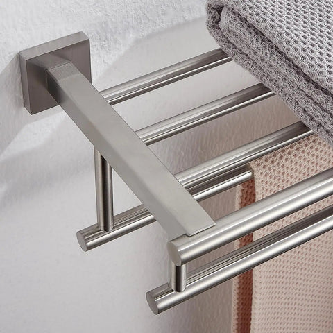 Close-up of 24 Inch Towel Tower Rack With Double Bars Brushed Nickel Finish Wall Mounted SUS304 Stainless Steel Hotel Grade Towel Shelf