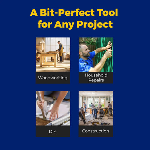 Collage showing uses of the 15 In 1 Multi-Bit Screwdriver With Retractable Bit Cartridge in woodworking, household repairs, DIY, and construction.