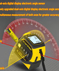 4 In 1 Laser Tape Measure With 5m Tape, 40m To 100m Laser Rangefinder, Crosshair Marker, Dual Axis Electronic Level, Backlit LCD Display, And One Quarter Inch Tripod Mount For Fast, Precise On The Fly Measurements. yellow and black handheld angle sensor with tape extended