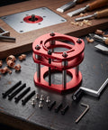 Badass Aluminum Router Table Base Featuring Slick Four Jaw Clamping Mechanism And Heavy Duty Stainless Steel Lift Rods on a wooden workbench