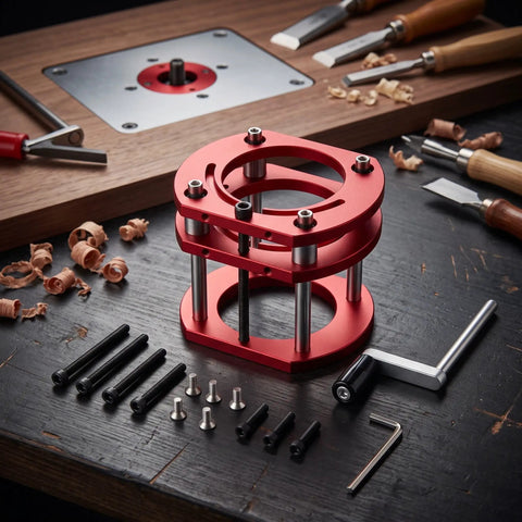 Badass Aluminum Router Table Base Featuring Slick Four Jaw Clamping Mechanism And Heavy Duty Stainless Steel Lift Rods on a wooden workbench