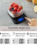 Ultra Slim Digital Kitchen Scale with backlit LCD displaying 60g, strawberries and blueberries in a bowl, black and stainless steel