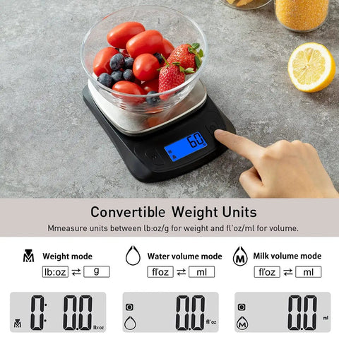 Ultra Slim Digital Kitchen Scale with backlit LCD displaying 60g, strawberries and blueberries in a bowl, black and stainless steel