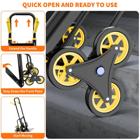 3-In-1 Convertible Stair Climbing Hand Truck Dolly With Six Non-Slip Wheels And Adjustable Handle Heavy-Duty Platform Cart That Hauls Up To 440 Pounds On Flat Surfaces And 400 Pounds On Stairs Black And Yellow, close-up on stairs